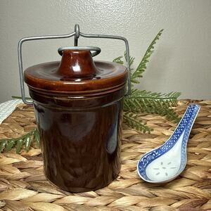 Vintage Kitchen Decor Set Blue White Spoon Rest & Brown Stoneware Crock Rustic